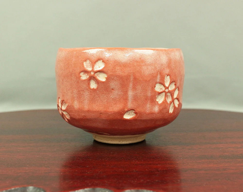 赤楽 AKARAKU Red Raku 楽入 SAKURA Cherry Tea Bowl Japanese Tea Ceremony Box V354 / Japan Cherry Blossom Traditional Kiln Craft Culture Pottery - Image 3