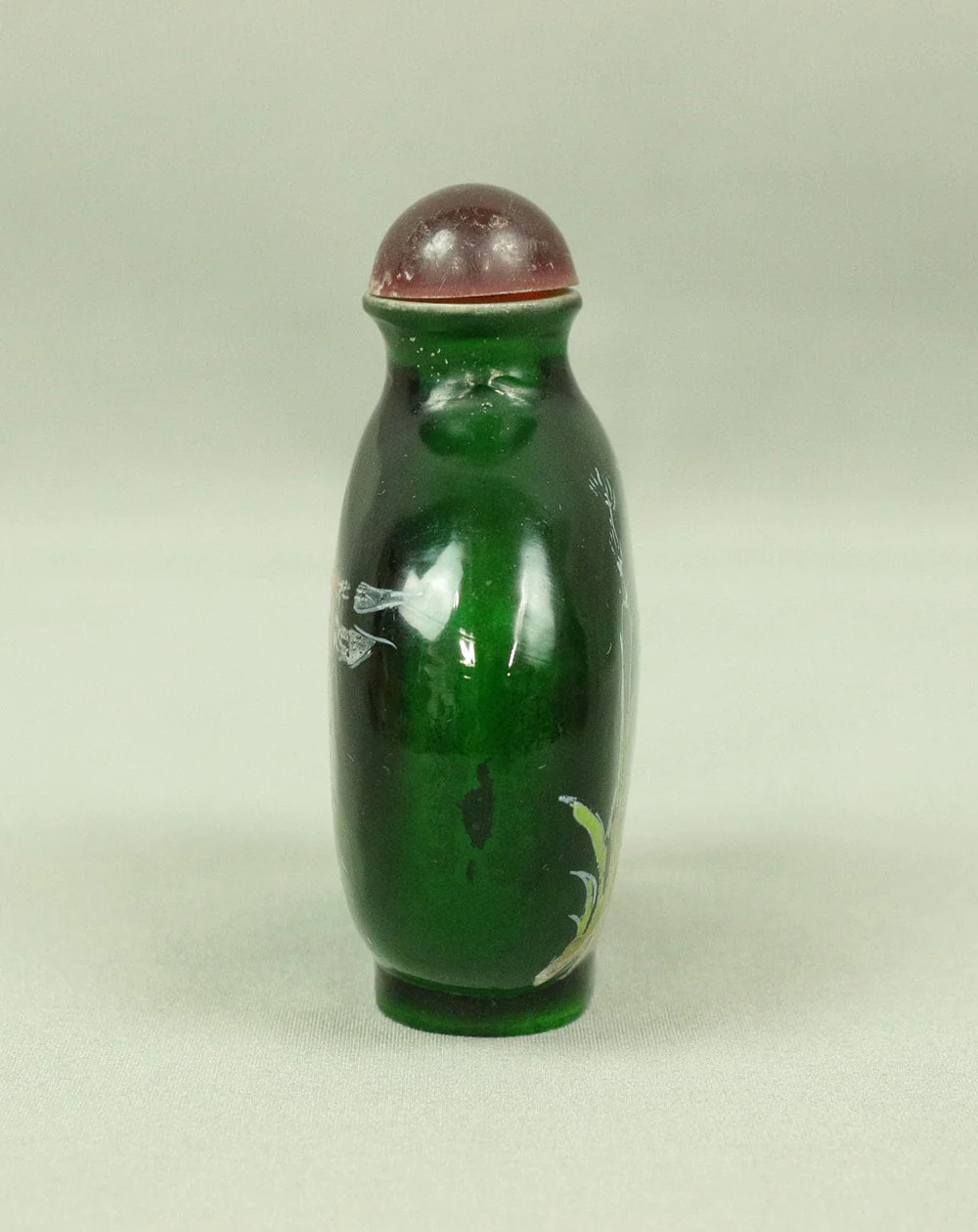 中国 Chinese Green Glass Snuff Bottle / Swimming Red & Yellow Gold fish Lotus Powdered tobacco Cigarette Art Decorate Appreciation Collection - Image 4