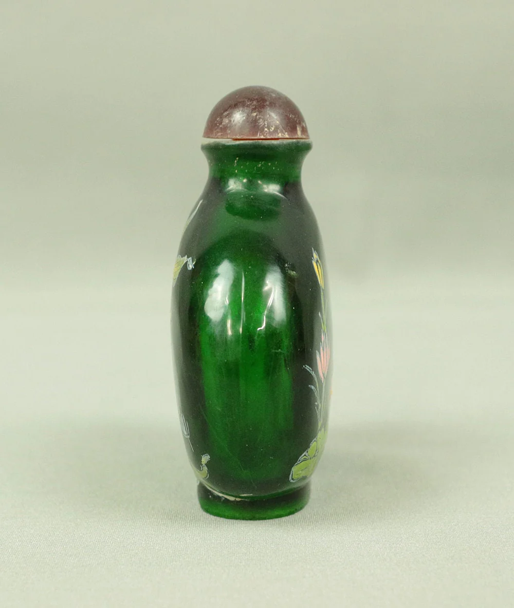 中国 Chinese Green Glass Snuff Bottle / Swimming Red & Yellow Gold fish Lotus Powdered tobacco Cigarette Art Decorate Appreciation Collection - Image 7