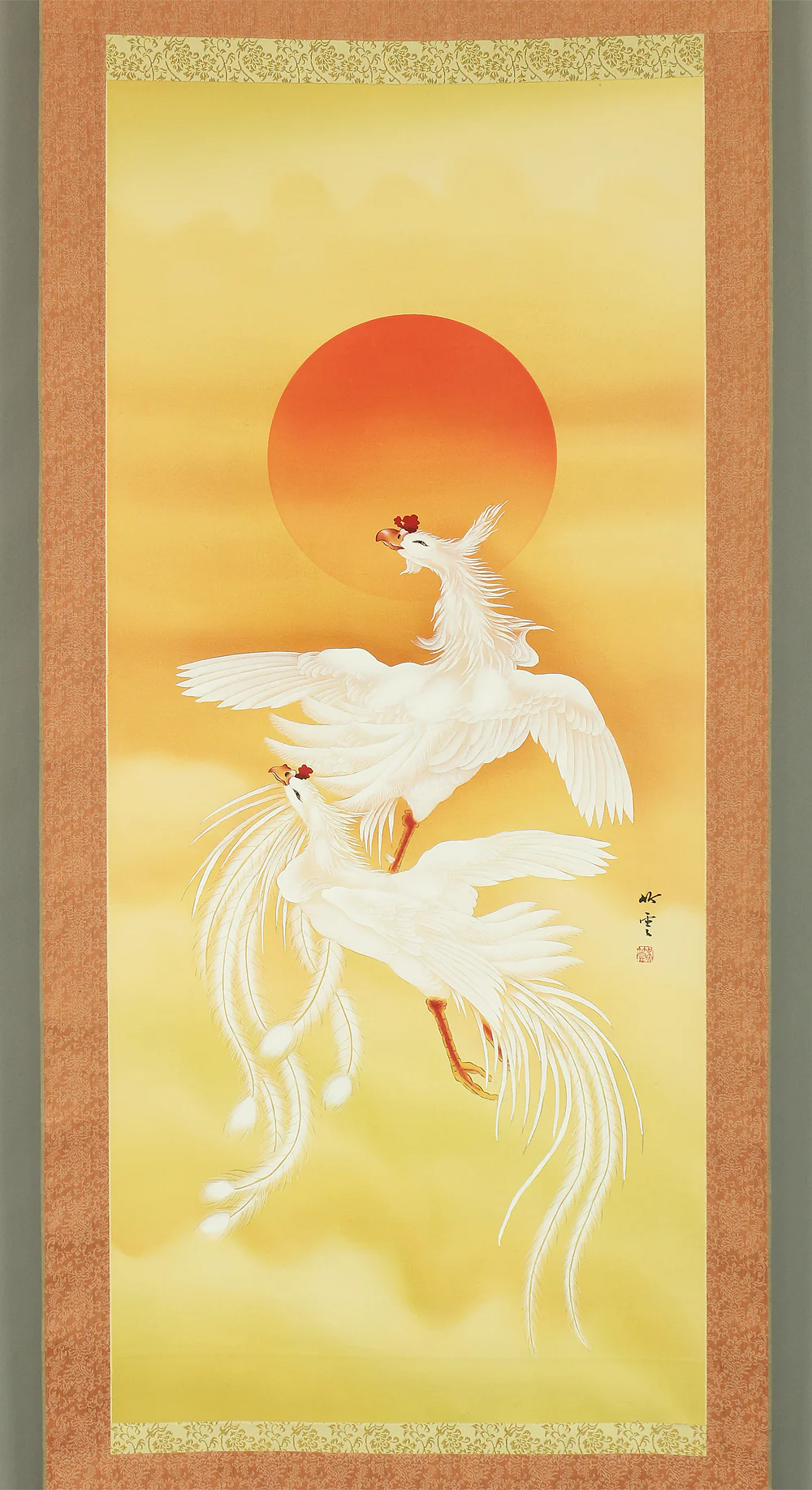 Chinese kakejiku kakemono wall hanging scroll / Two White Phoenixes & Rising Sun A122 - Image 3