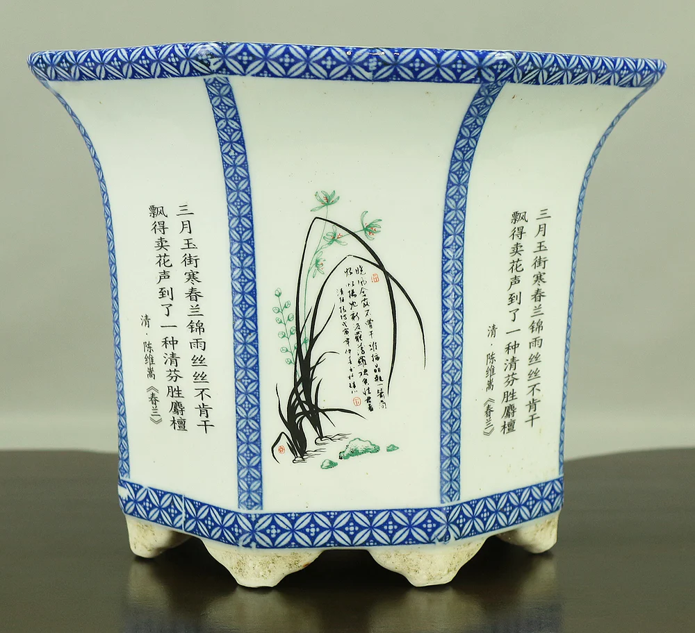 Chinese Sometsuke Rectangle Shikunshi (Four classic plants) Bonsai Pot VA562 - Image 3