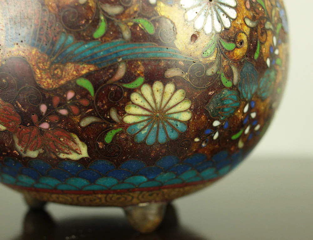 Cloisonne Phoenix and Chrysanthemum Pattern Three-legged Censer Incense Burner VA856 - Image 15