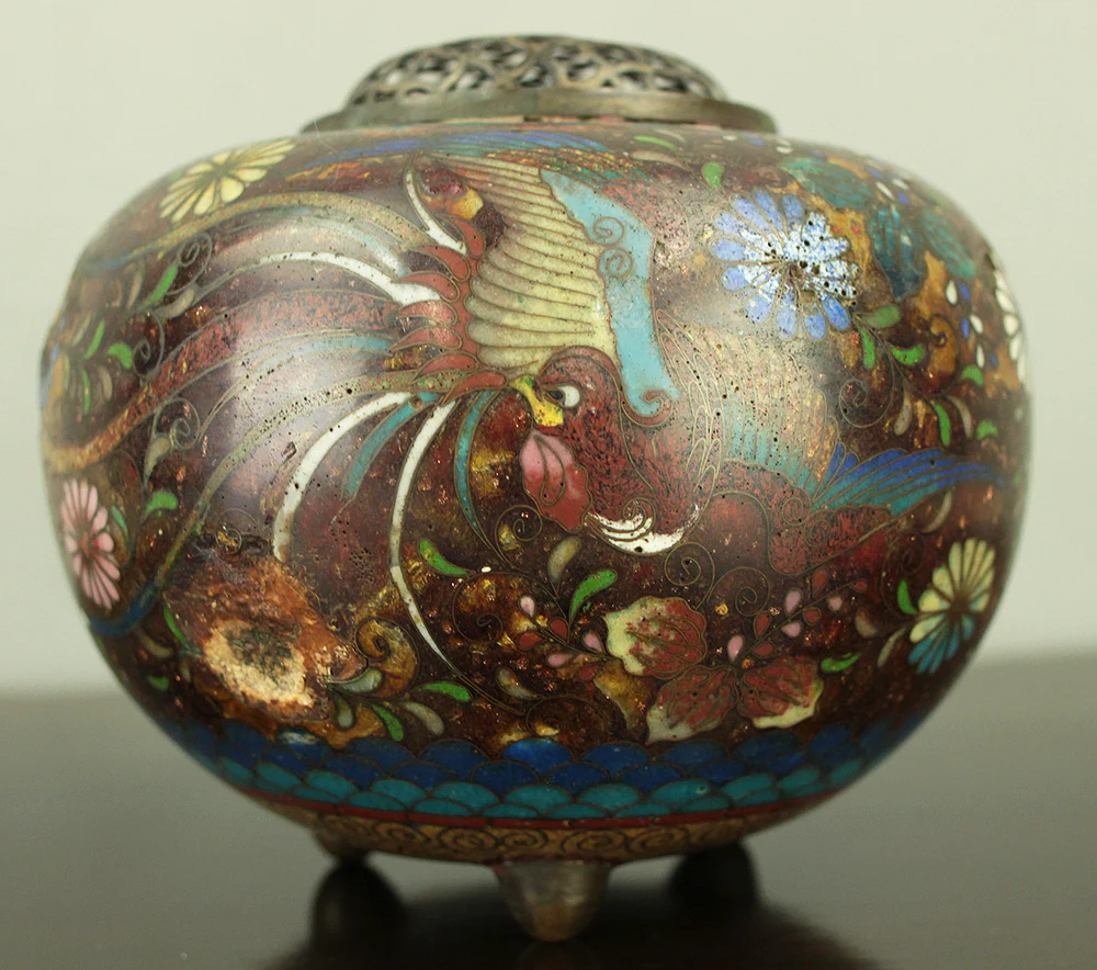 Cloisonne Phoenix and Chrysanthemum Pattern Three-legged Censer Incense Burner VA856 - Image 18