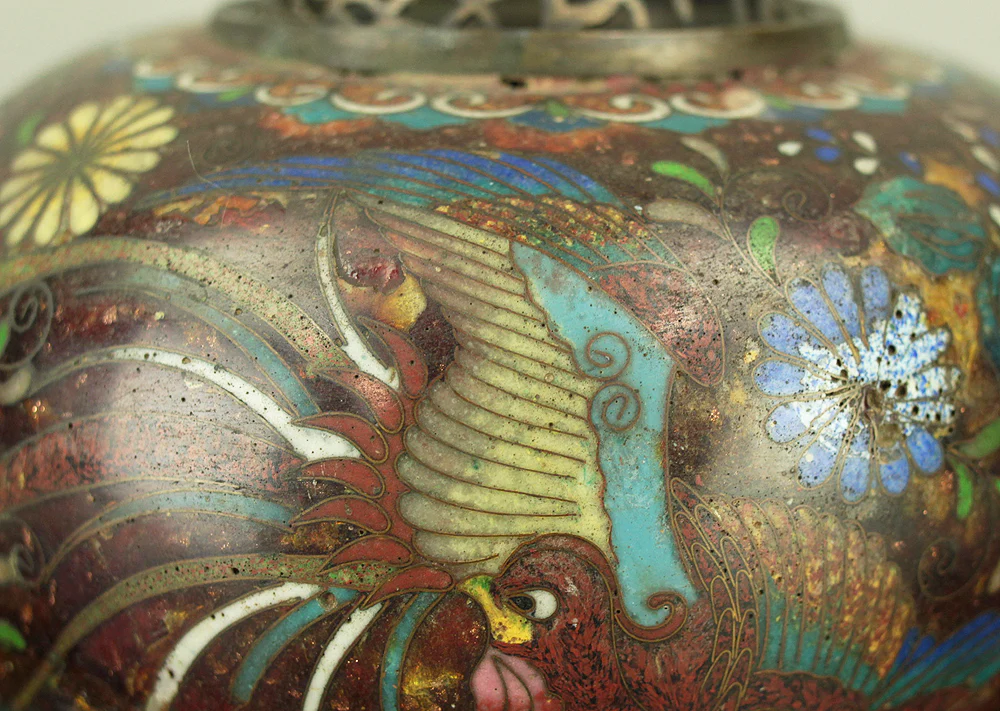 Cloisonne Phoenix and Chrysanthemum Pattern Three-legged Censer Incense Burner VA856 - Image 19