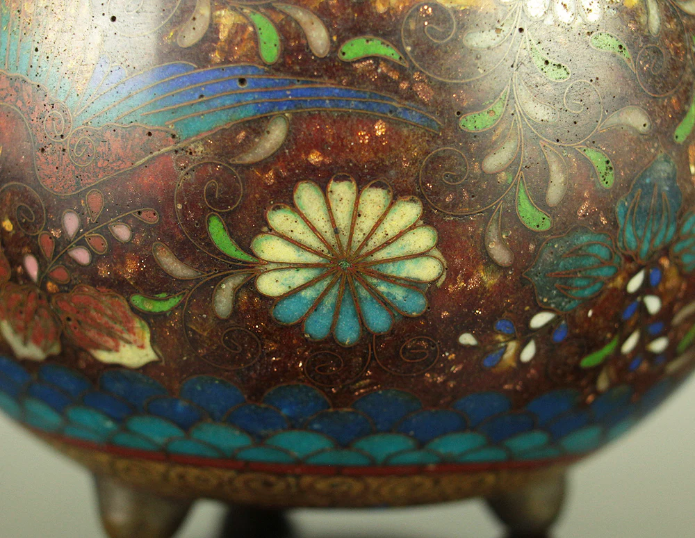 Cloisonne Phoenix and Chrysanthemum Pattern Three-legged Censer Incense Burner VA856 - Image 25