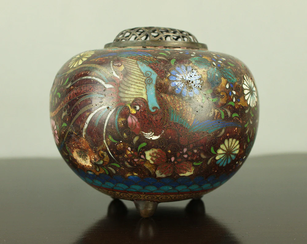 Cloisonne Phoenix and Chrysanthemum Pattern Three-legged Censer Incense Burner VA856 - Image 5