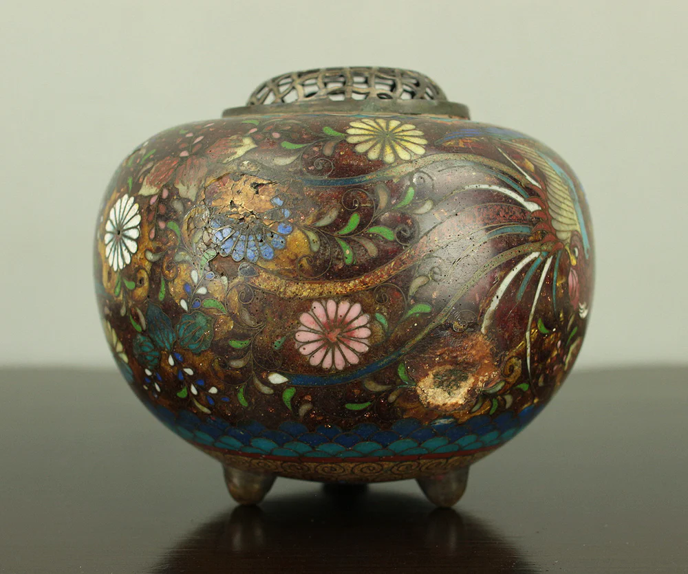 Cloisonne Phoenix and Chrysanthemum Pattern Three-legged Censer Incense Burner VA856 - Image 6
