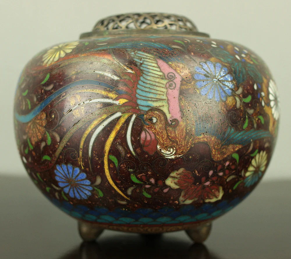 Cloisonne Phoenix and Chrysanthemum Pattern Three-legged Censer Incense Burner VA856 - Image 8