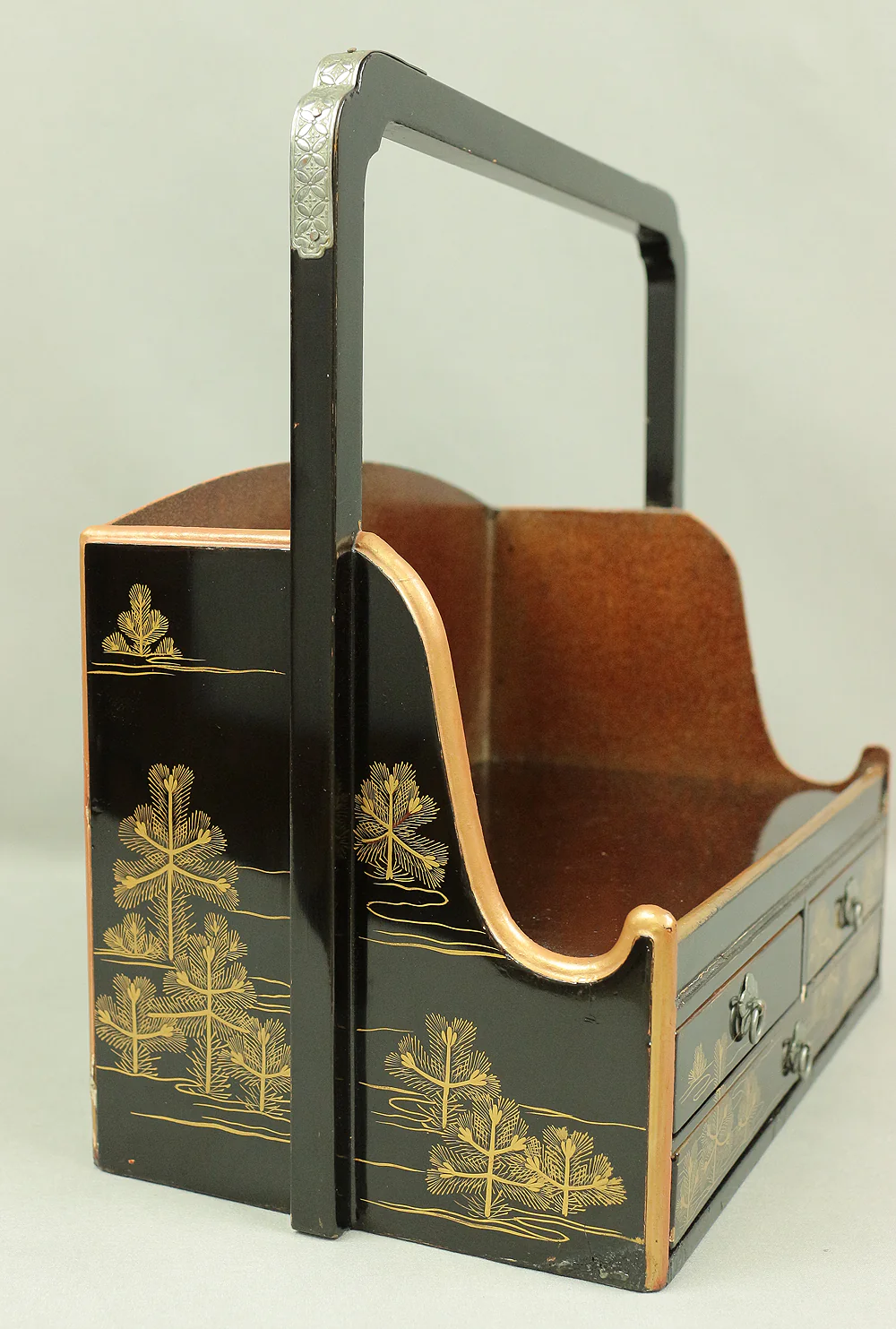 Handy Portable Tobacco Tray Box Gold Maki-e Urushi Lacquerware Age around 1900-1940 "Gold Pine Tree design" Traditional Ornaments V645 - Image 10