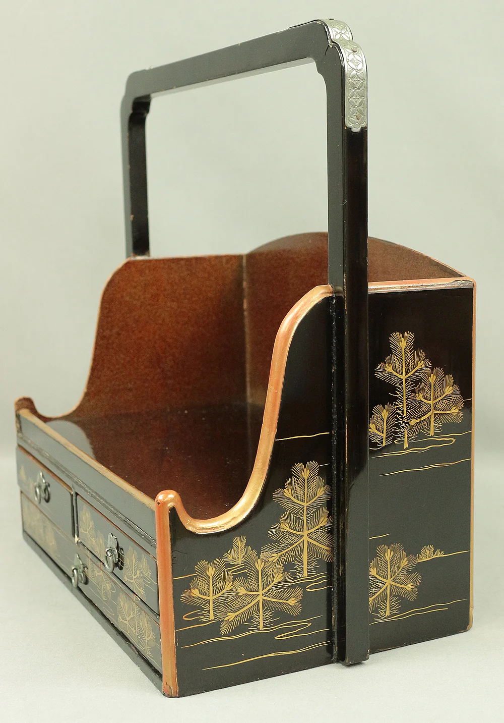 Handy Portable Tobacco Tray Box Gold Maki-e Urushi Lacquerware Age around 1900-1940 "Gold Pine Tree design" Traditional Ornaments V645 - Image 14