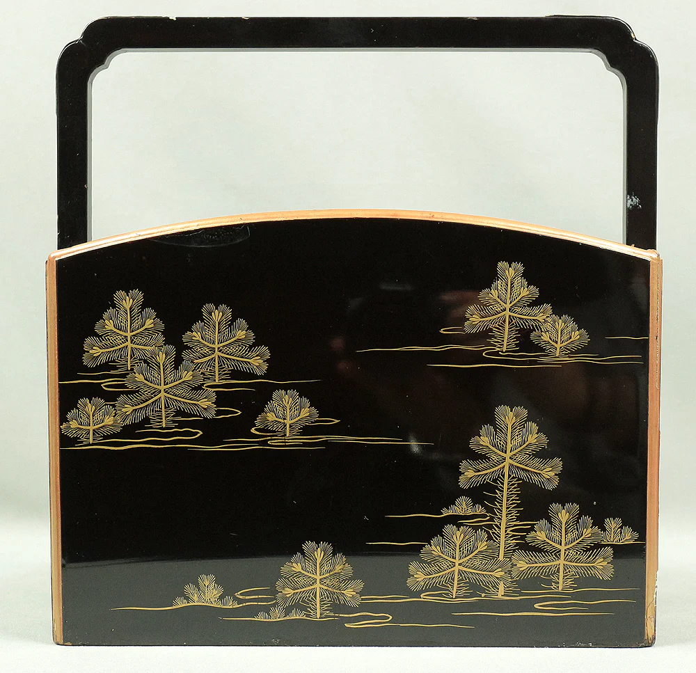 Handy Portable Tobacco Tray Box Gold Maki-e Urushi Lacquerware Age around 1900-1940 "Gold Pine Tree design" Traditional Ornaments V645 - Image 18