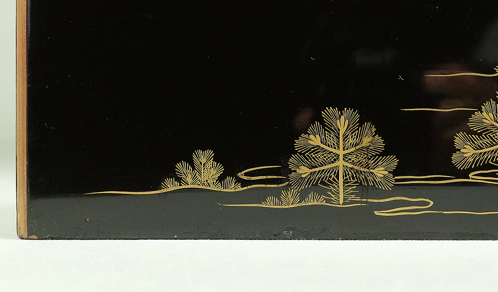 Handy Portable Tobacco Tray Box Gold Maki-e Urushi Lacquerware Age around 1900-1940 "Gold Pine Tree design" Traditional Ornaments V645 - Image 21