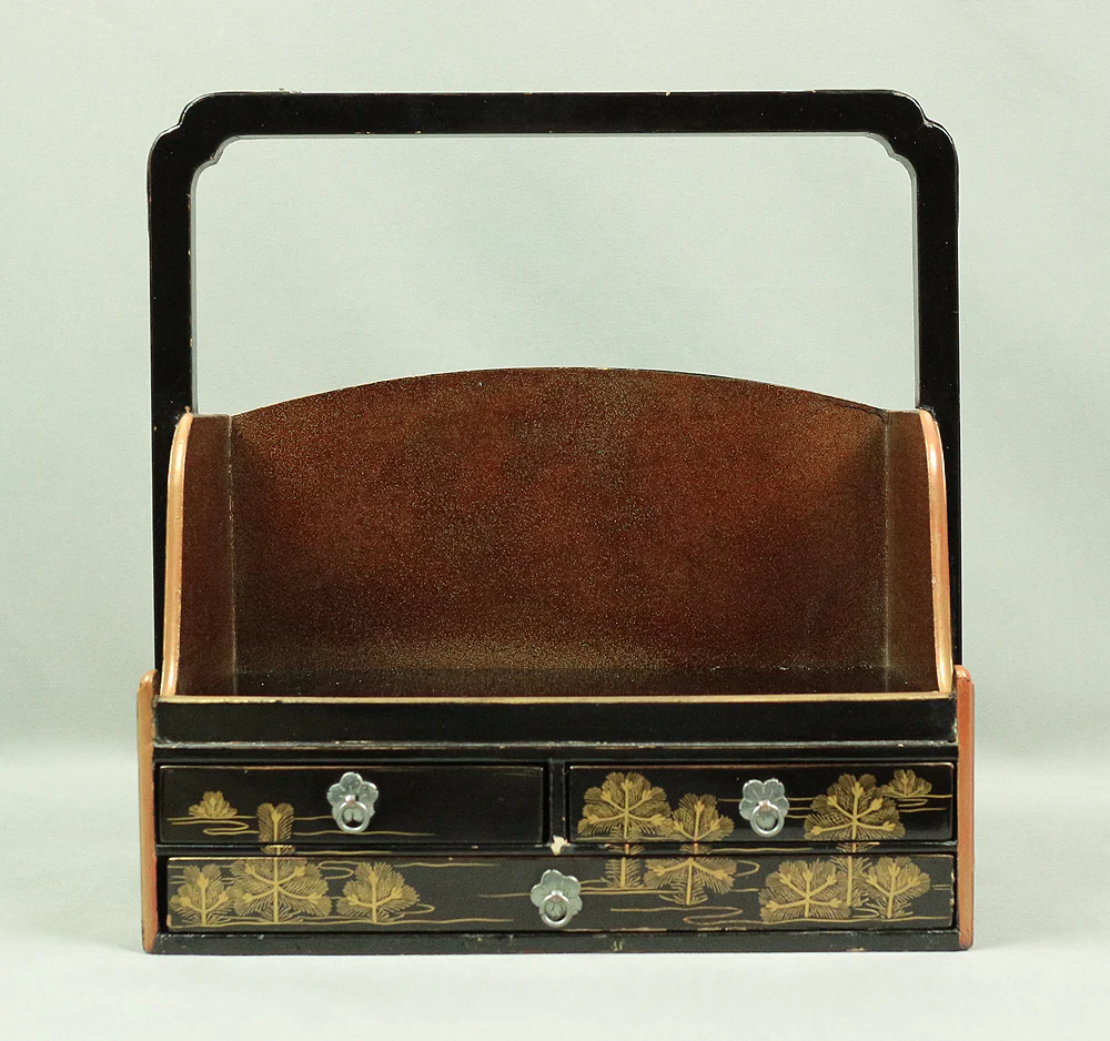 Handy Portable Tobacco Tray Box Gold Maki-e Urushi Lacquerware Age around 1900-1940 "Gold Pine Tree design" Traditional Ornaments V645 - Image 22