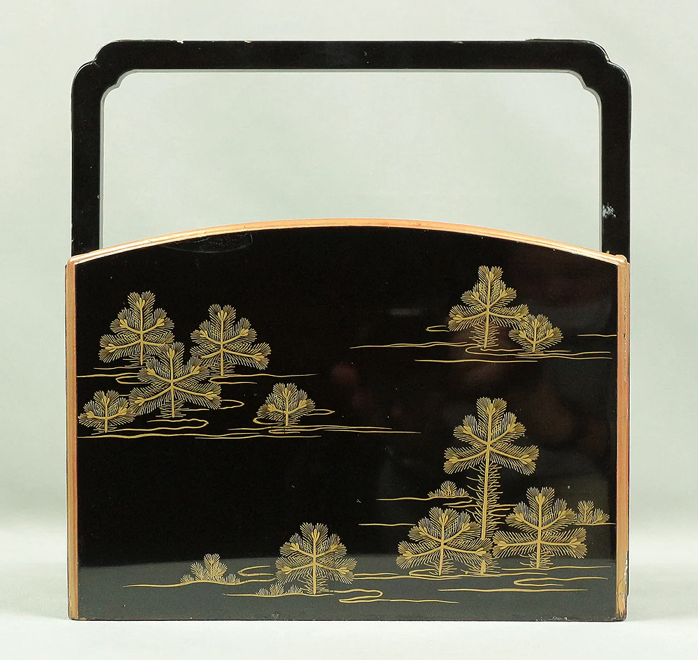 Handy Portable Tobacco Tray Box Gold Maki-e Urushi Lacquerware Age around 1900-1940 "Gold Pine Tree design" Traditional Ornaments V645 - Image 24