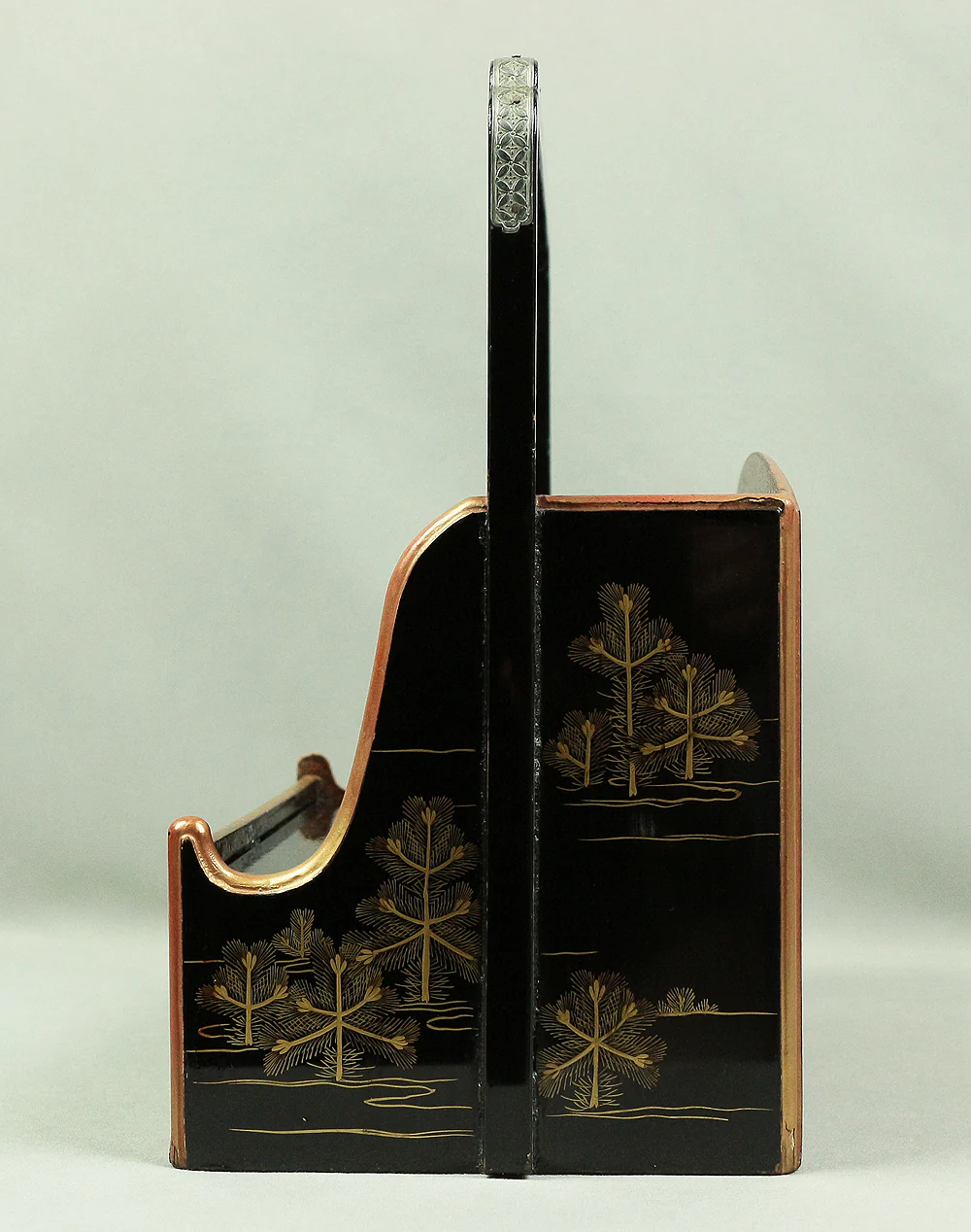 Handy Portable Tobacco Tray Box Gold Maki-e Urushi Lacquerware Age around 1900-1940 "Gold Pine Tree design" Traditional Ornaments V645 - Image 25