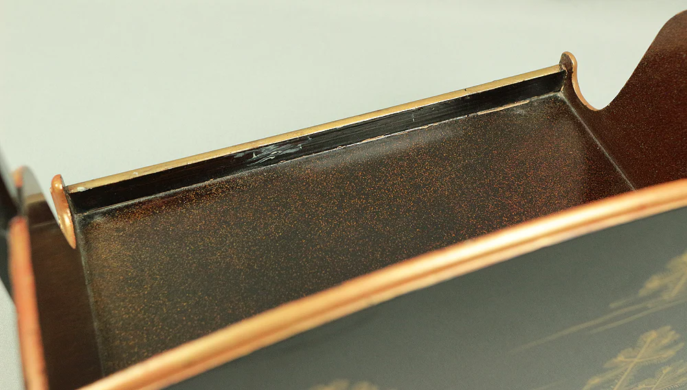 Handy Portable Tobacco Tray Box Gold Maki-e Urushi Lacquerware Age around 1900-1940 "Gold Pine Tree design" Traditional Ornaments V645 - Image 34