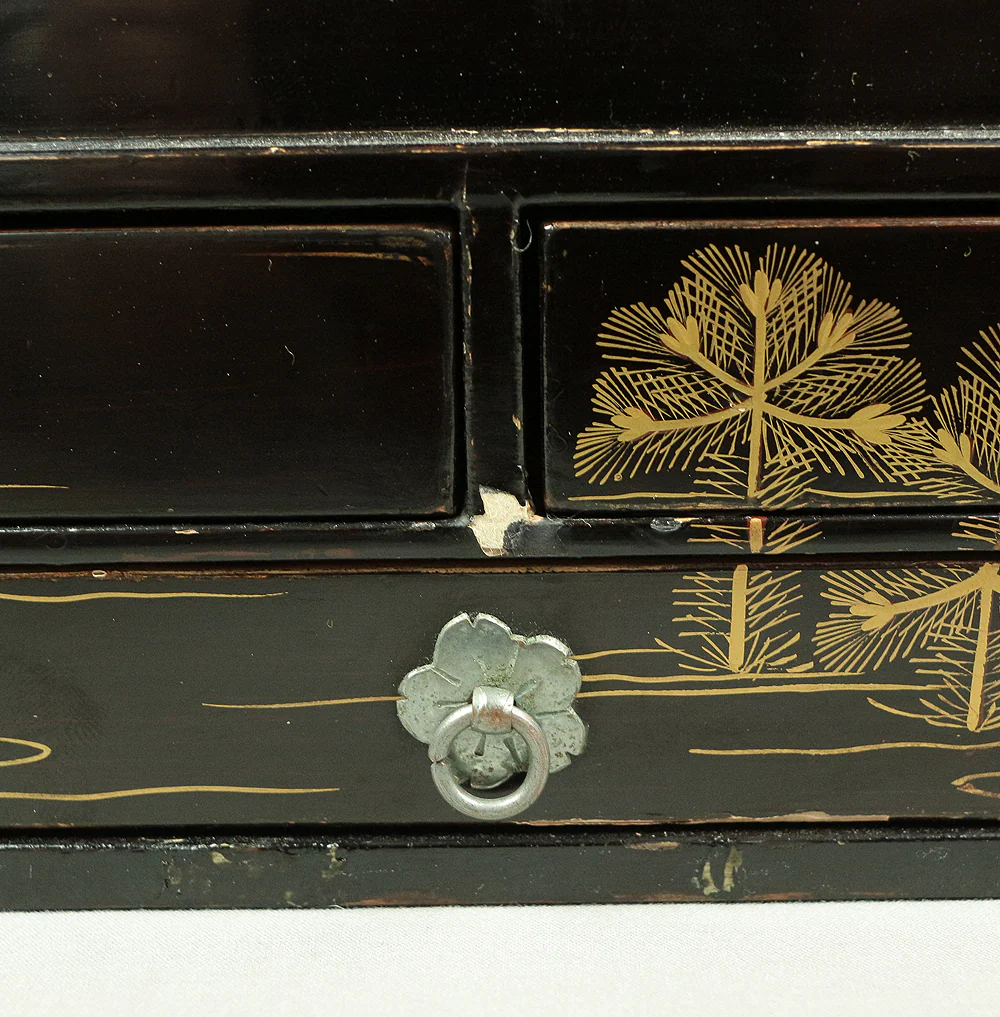 Handy Portable Tobacco Tray Box Gold Maki-e Urushi Lacquerware Age around 1900-1940 "Gold Pine Tree design" Traditional Ornaments V645 - Image 37