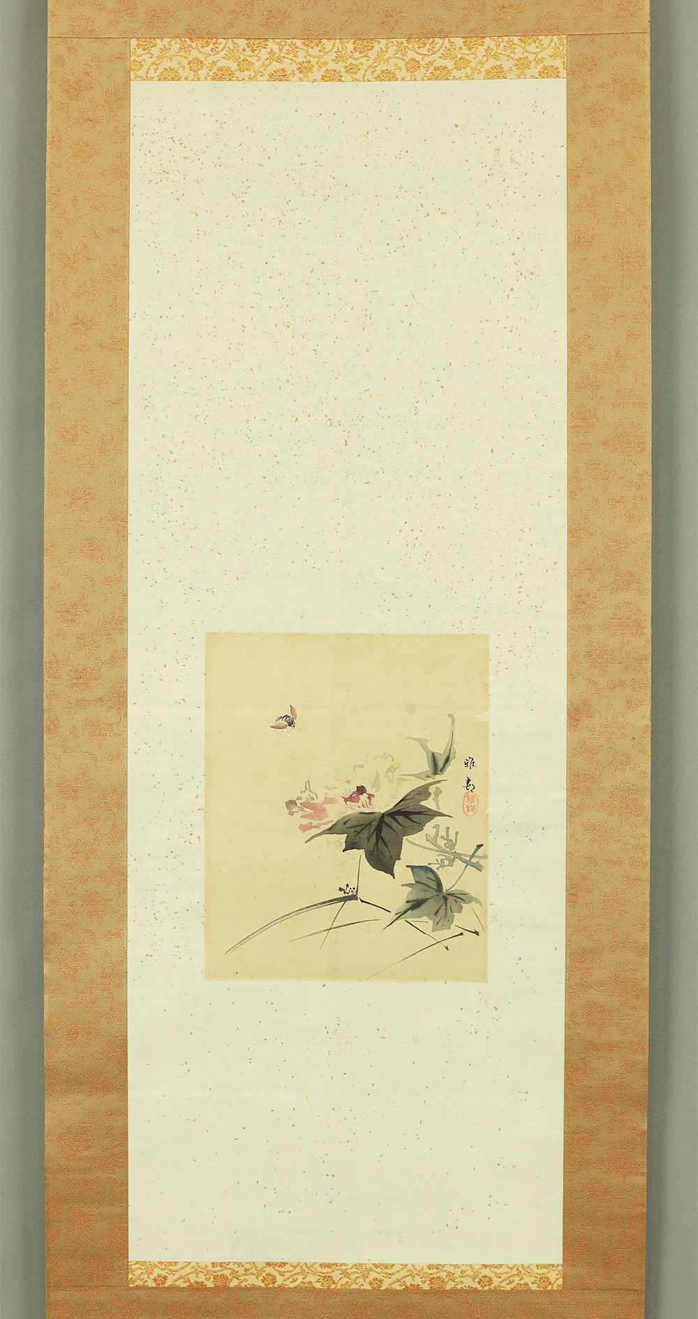 橋本雅邦 HASHIMOTO GAHO Japanese antique art kakejiku kakemono wall hanging scroll / Flying Bee & Peony Flower Silk painting Box 1835~1908 I201 - Image 3