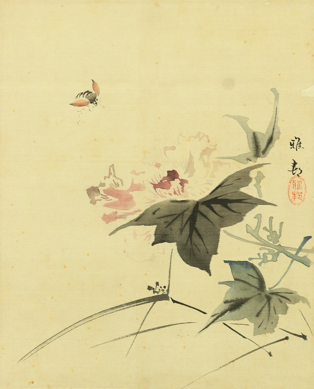 橋本雅邦 HASHIMOTO GAHO Japanese antique art kakejiku kakemono wall hanging scroll / Flying Bee & Peony Flower Silk painting Box 1835~1908 I201 - Image 5