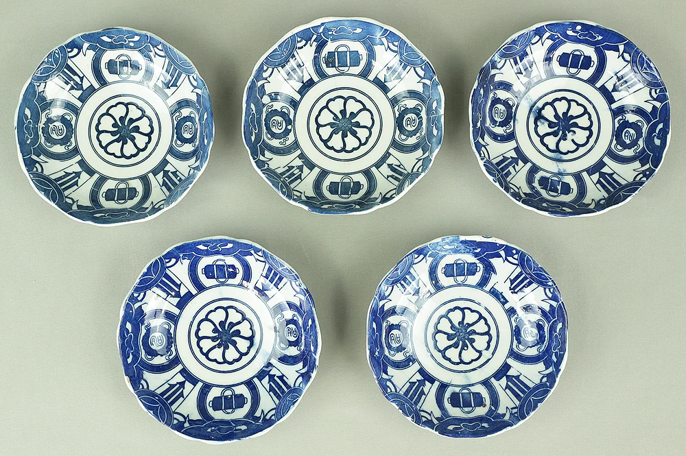 Imari ware Sometsuke Blue and White Porcelain Inban (Transfer printing) Decorative Small Plates 5pcs "Geometrical pattern & Scroll design" V682 - Image 18
