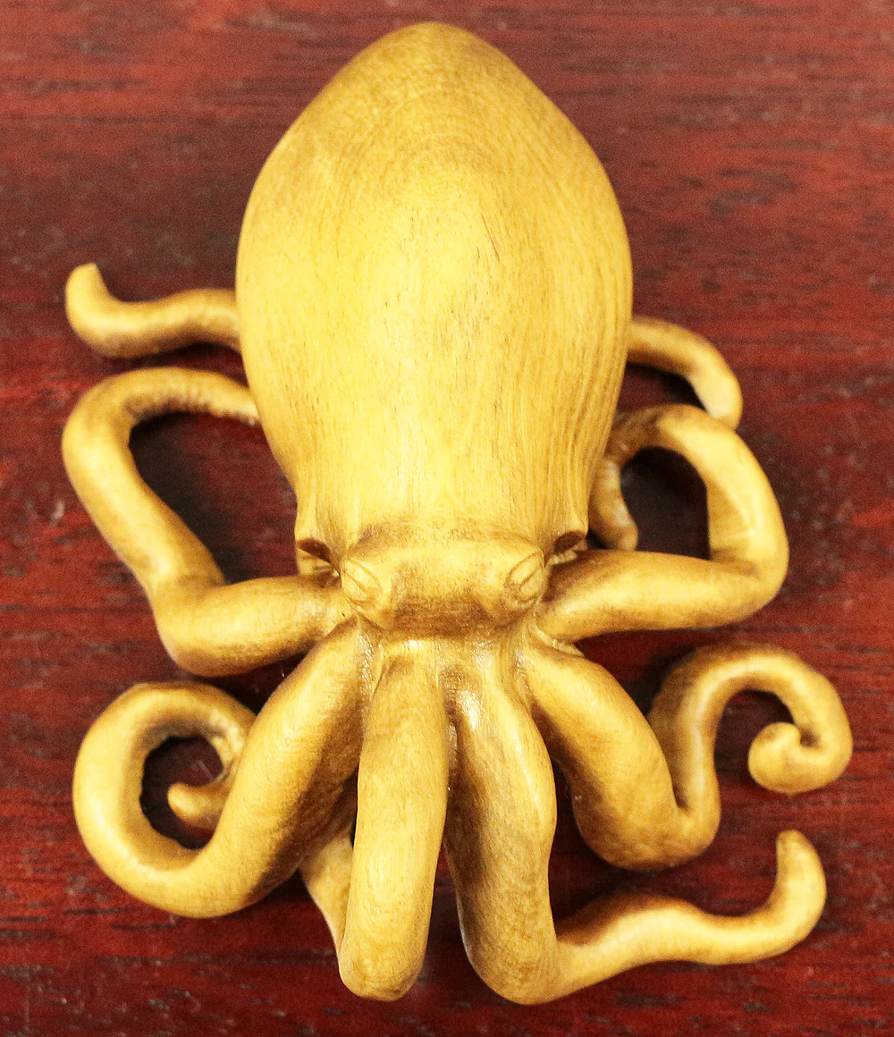 Japanese elaborated wood carving Very tiny octopus Okimono ornament figurine V595 - Image 9