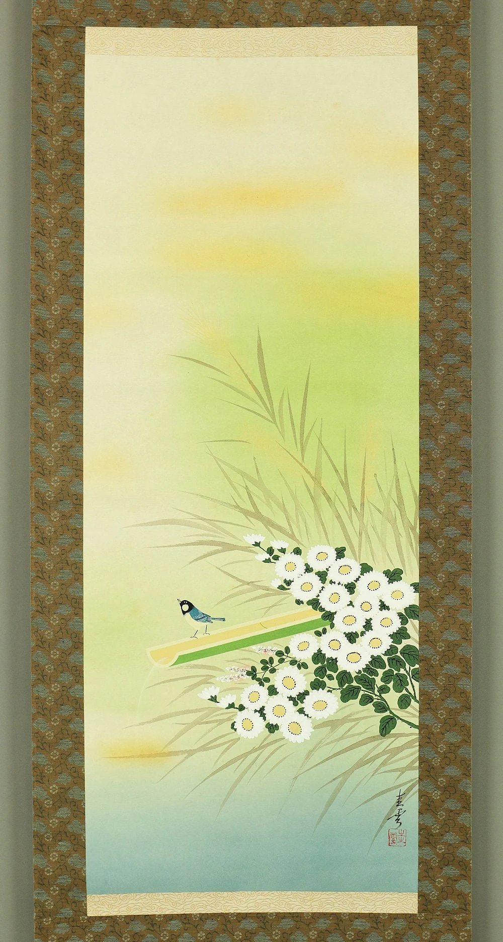 圭雲 KEIUN Kakehi Bamboo water pipe, Small Bird & Wild Chrysanthemum Scenery landscape I683 / Japanese art kakejiku kakemono hanging scroll - Image 3