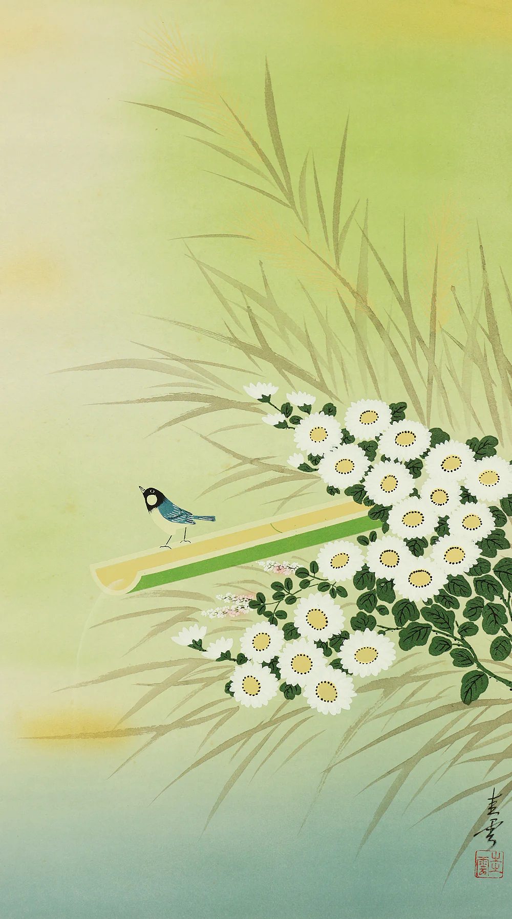 圭雲 KEIUN Kakehi Bamboo water pipe, Small Bird & Wild Chrysanthemum Scenery landscape I683 / Japanese art kakejiku kakemono hanging scroll - Image 5