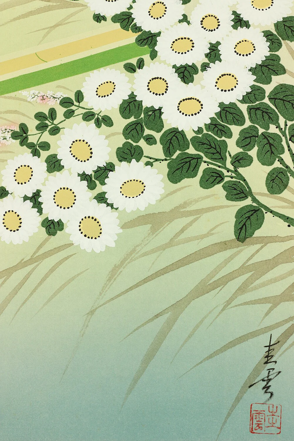 圭雲 KEIUN Kakehi Bamboo water pipe, Small Bird & Wild Chrysanthemum Scenery landscape I683 / Japanese art kakejiku kakemono hanging scroll - Image 7