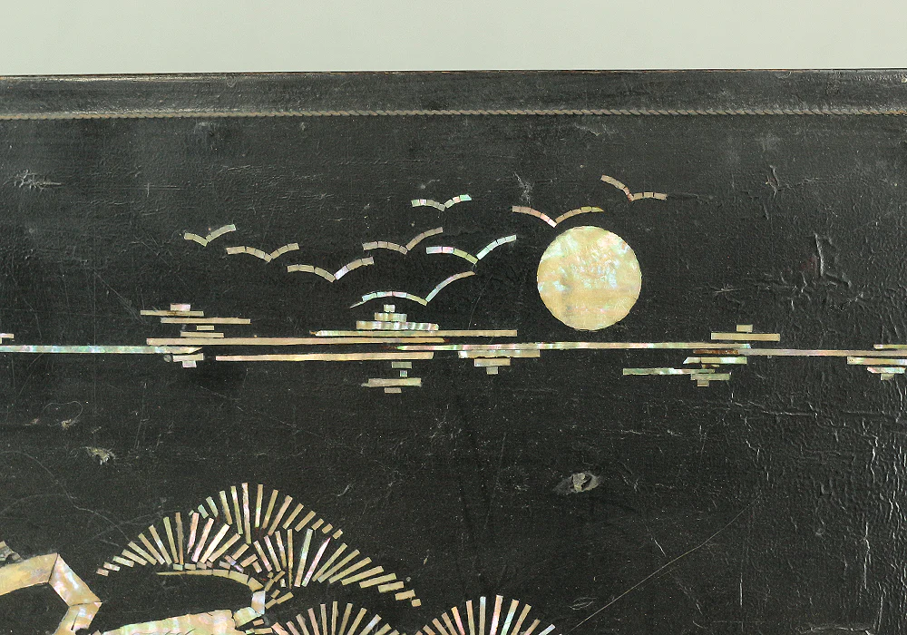 Korean Antique Art decorative Flower stand inlaid Raden, mother of pearl / Moon, Cranes, Pine Tree Scenery design V685 - Image 4