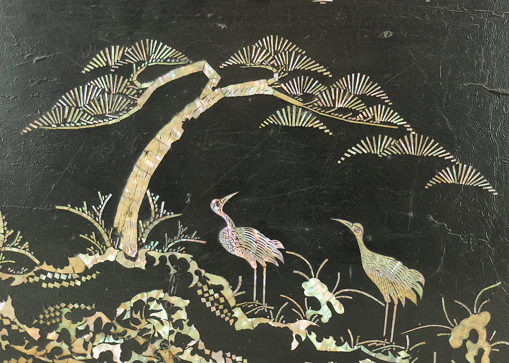 Korean Antique Art decorative Flower stand inlaid Raden, mother of pearl / Moon, Cranes, Pine Tree Scenery design V685 - Image 6