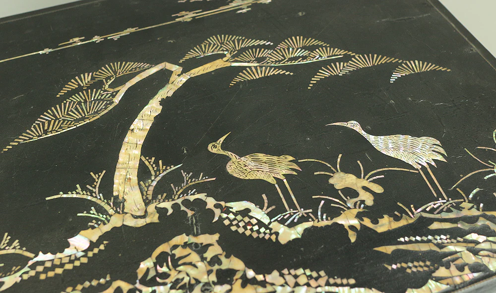 Korean Antique Art decorative Flower stand inlaid Raden, mother of pearl / Moon, Cranes, Pine Tree Scenery design V685 - Image 7