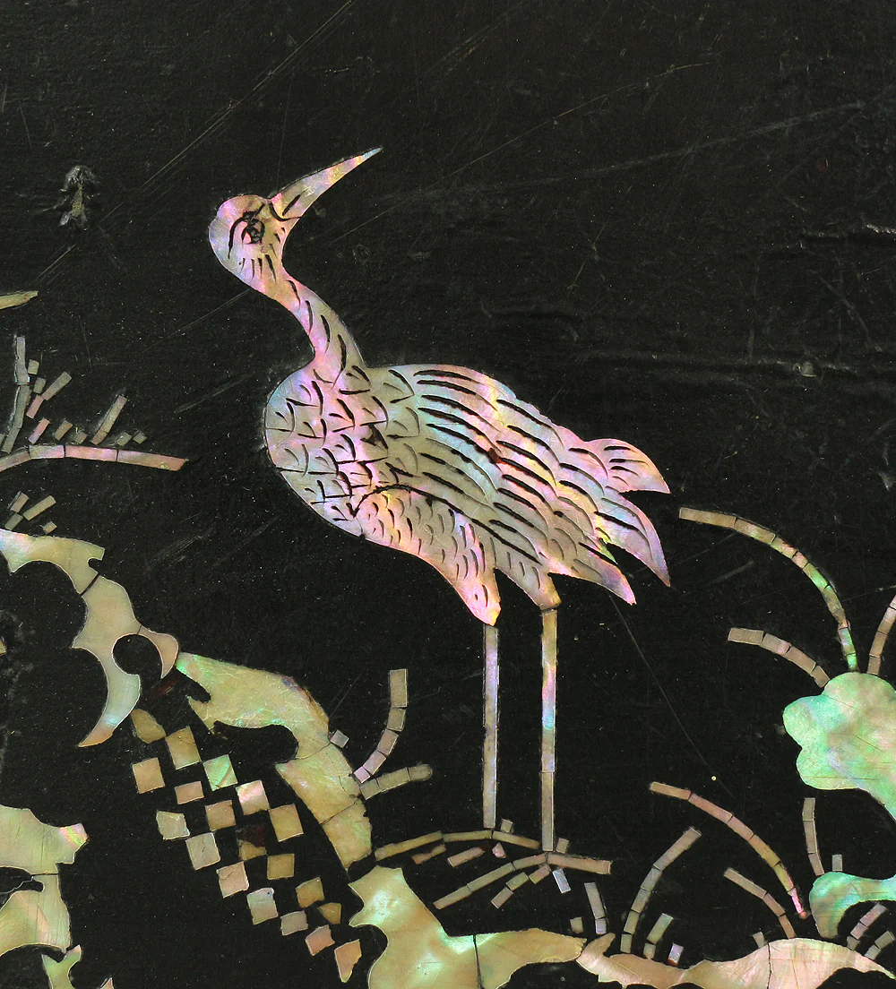 Korean Antique Art decorative Flower stand inlaid Raden, mother of pearl / Moon, Cranes, Pine Tree Scenery design V685 - Image 8