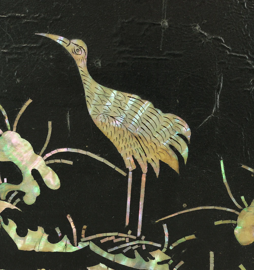 Korean Antique Art decorative Flower stand inlaid Raden, mother of pearl / Moon, Cranes, Pine Tree Scenery design V685 - Image 9