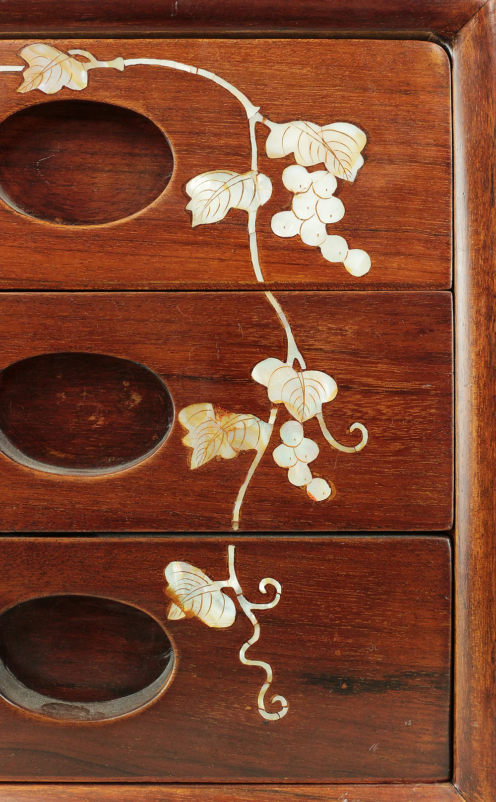 Korean art Cabinet inlaid Raden, mother of pearl Grape design Small Tansu Three Drawers V732 - Image 11