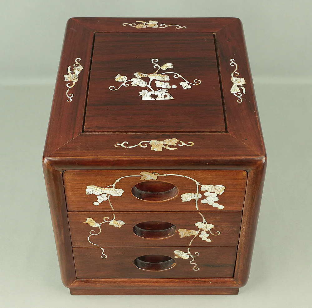 Korean art Cabinet inlaid Raden, mother of pearl Grape design Small Tansu Three Drawers V732 - Image 24
