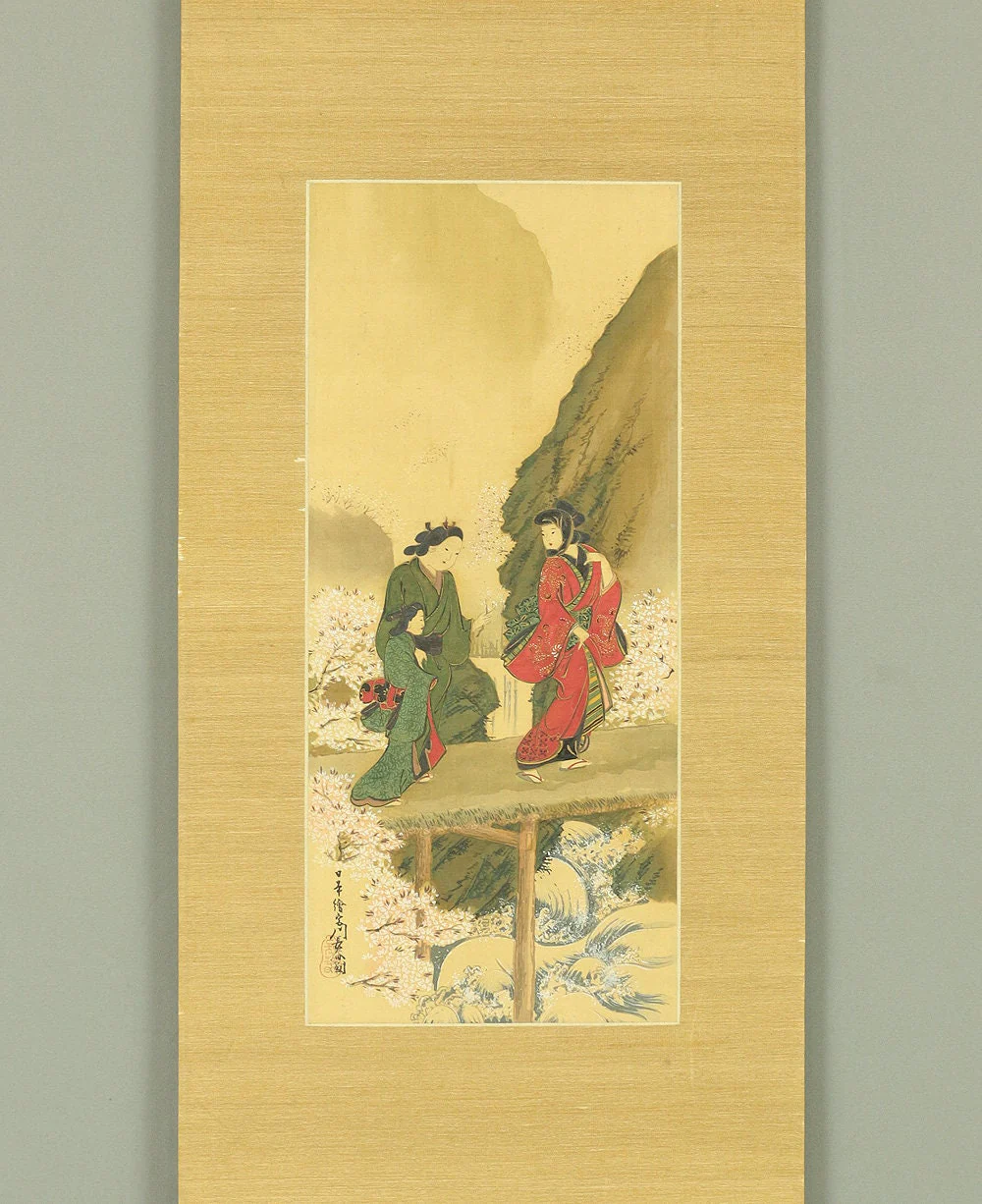 宮川長春 Miyagawa Choshun Japanese antique kakejiku kakemono hanging scroll Spring Scenery,Cherry blossoms & Three Ukiyo-e Kimono Beauty E805 - Image 3
