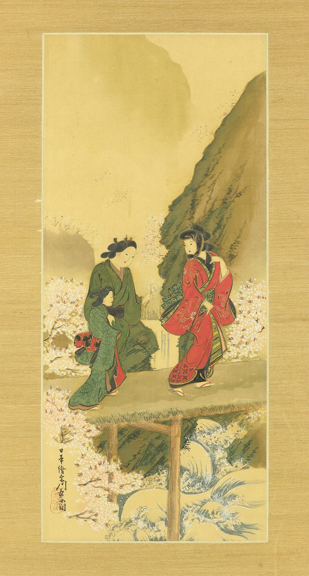 宮川長春 Miyagawa Choshun Japanese antique kakejiku kakemono hanging scroll Spring Scenery,Cherry blossoms & Three Ukiyo-e Kimono Beauty E805 - Image 5