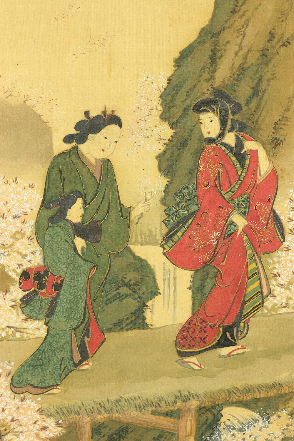 宮川長春 Miyagawa Choshun Japanese antique kakejiku kakemono hanging scroll Spring Scenery,Cherry blossoms & Three Ukiyo-e Kimono Beauty E805 - Image 7