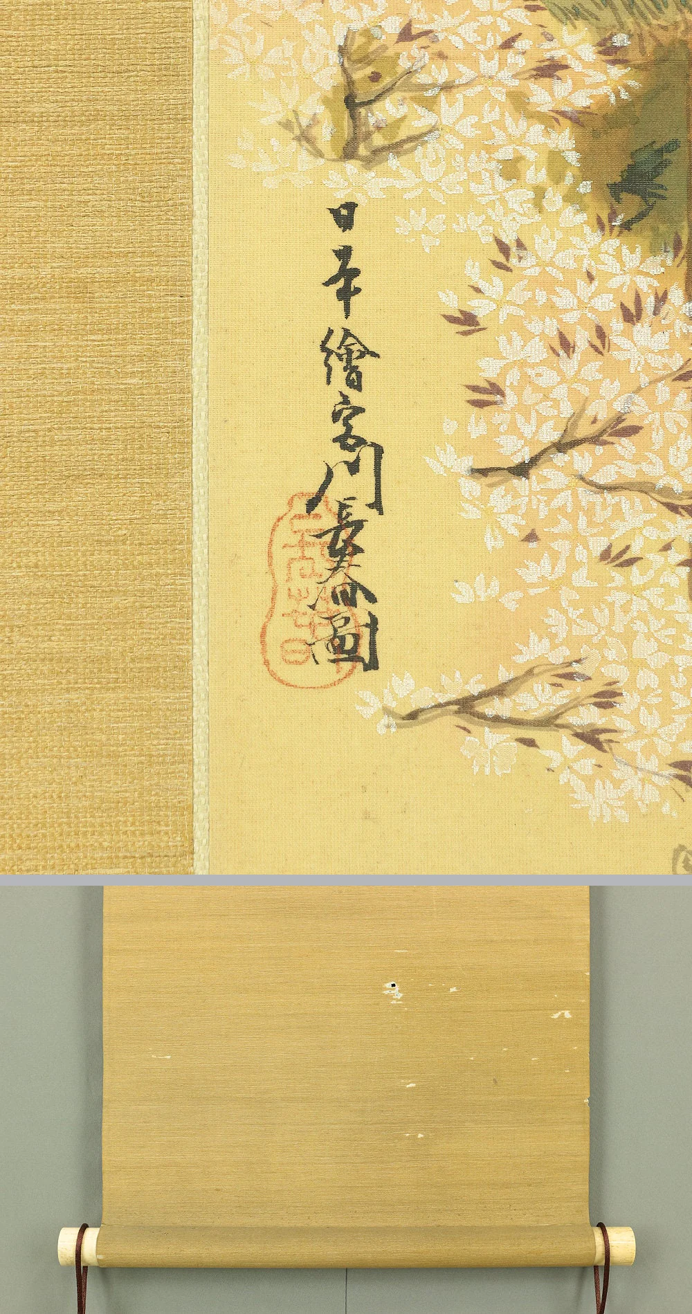 宮川長春 Miyagawa Choshun Japanese antique kakejiku kakemono hanging scroll Spring Scenery,Cherry blossoms & Three Ukiyo-e Kimono Beauty E805 - Image 9