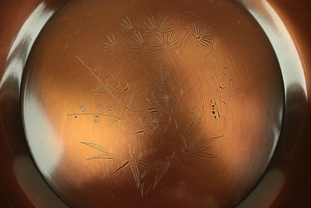 Pure Copper KASHI Confectionery Bowl 錦松堂 KINSHODO Japanese Tea Ceremony with Original box V353 / Japan Art Copper Pine tree Bamboo grass Ume - Image 8