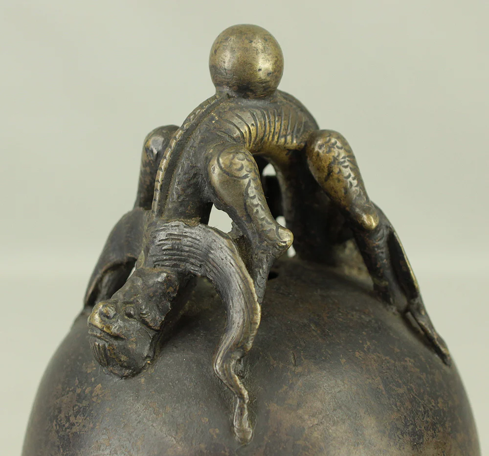 Qing Dynasty Bronze Beast Decorated Temple Bell Hanging Bell Bonsho 20cm 2.5kg with Bell Hammer and Box VA714 - Image 15