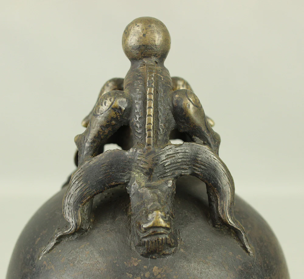 Qing Dynasty Bronze Beast Decorated Temple Bell Hanging Bell Bonsho 20cm 2.5kg with Bell Hammer and Box VA714 - Image 8