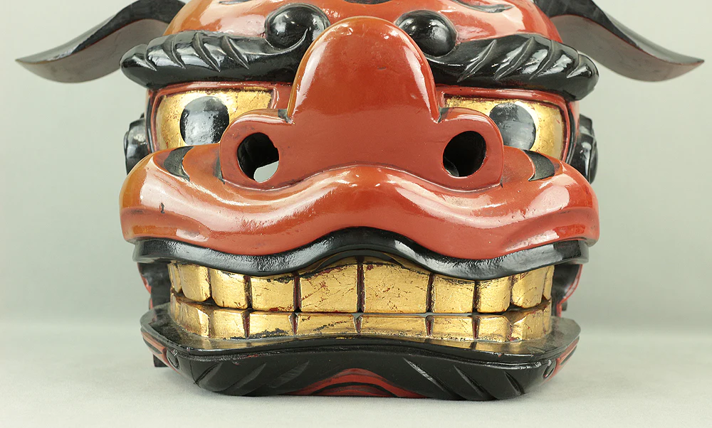 Shishigashira Japanese Old lacquered Gilt with eyes and tooth Shishimai head Mask Kagura Lion head Shinto tool ornament Okimono V708 - Image 14