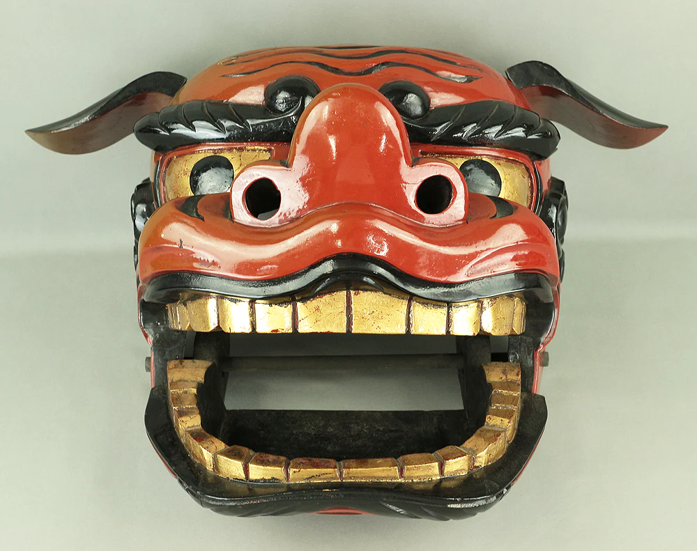 Shishigashira Japanese Old lacquered Gilt with eyes and tooth Shishimai head Mask Kagura Lion head Shinto tool ornament Okimono V708 - Image 15