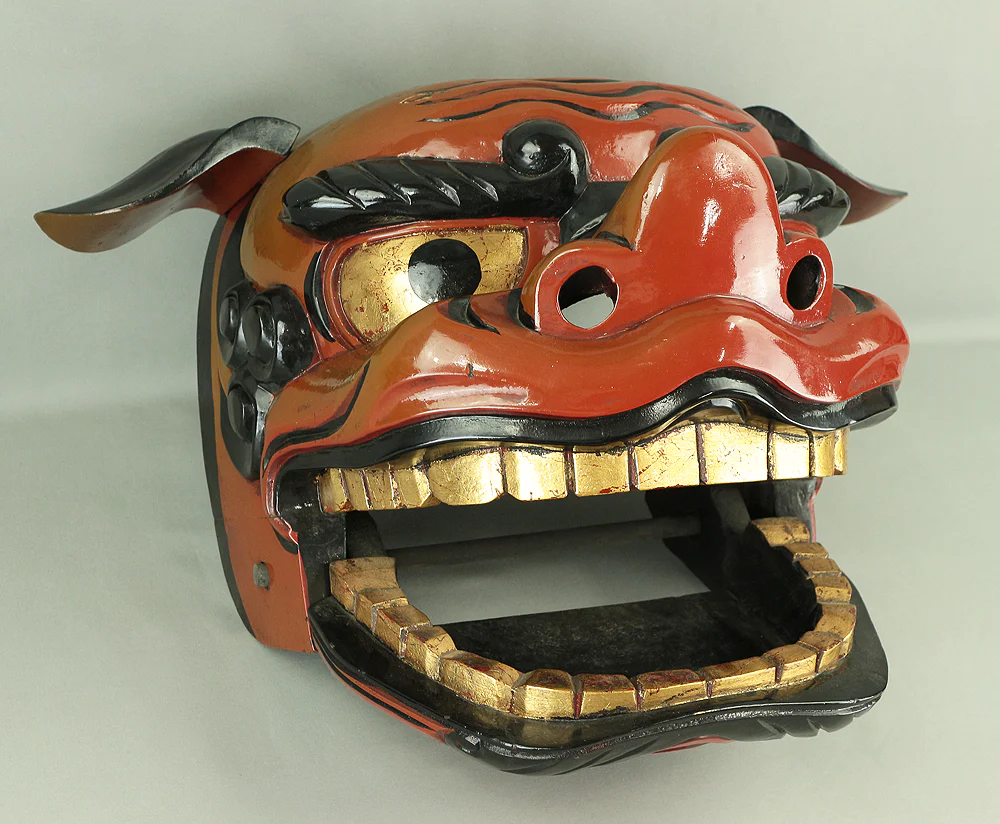 Shishigashira Japanese Old lacquered Gilt with eyes and tooth Shishimai head Mask Kagura Lion head Shinto tool ornament Okimono V708 - Image 16