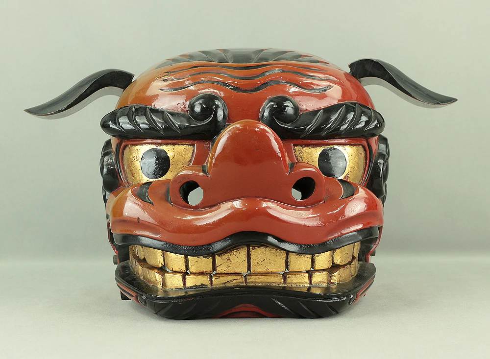 Shishigashira Japanese Old lacquered Gilt with eyes and tooth Shishimai head Mask Kagura Lion head Shinto tool ornament Okimono V708 - Image 21