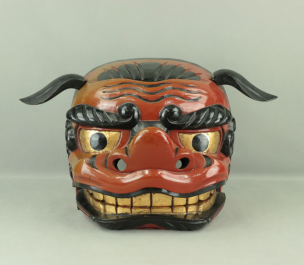 Shishigashira Japanese Old lacquered Gilt with eyes and tooth Shishimai head Mask Kagura Lion head Shinto tool ornament Okimono V708 - Image 3