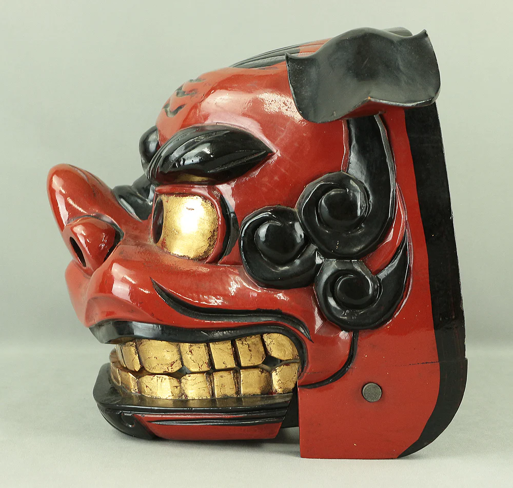 Shishigashira Japanese Old lacquered Gilt with eyes and tooth Shishimai head Mask Kagura Lion head Shinto tool ornament Okimono V708 - Image 31