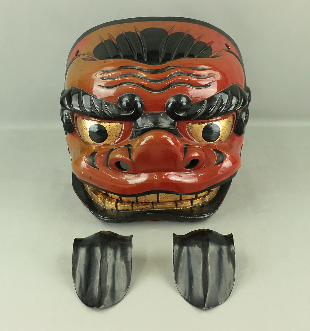 Shishigashira Japanese Old lacquered Gilt with eyes and tooth Shishimai head Mask Kagura Lion head Shinto tool ornament Okimono V708 - Image 32