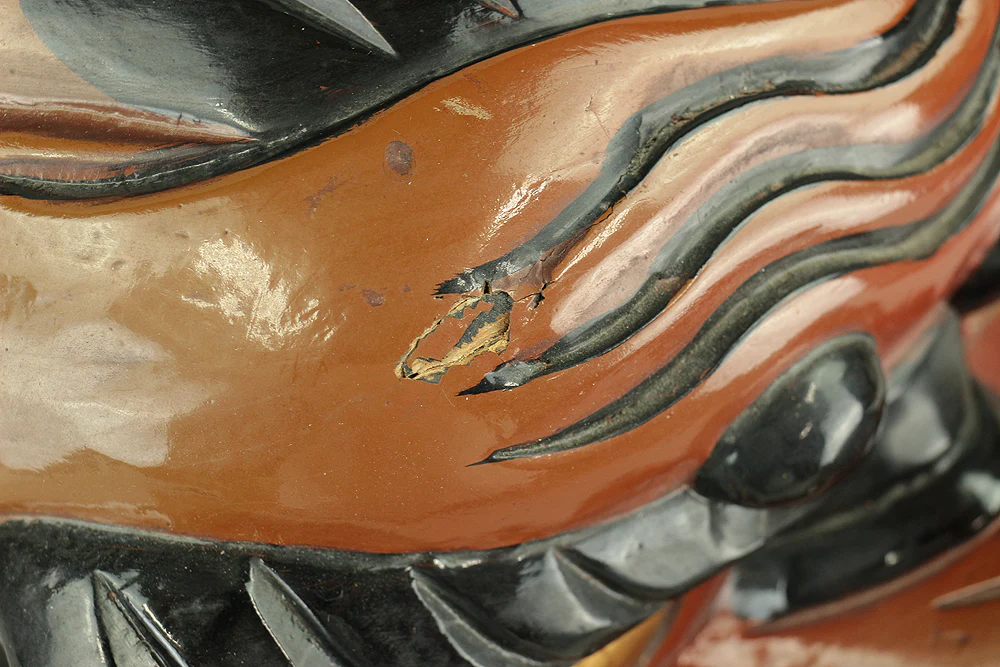 Shishigashira Japanese Old lacquered Gilt with eyes and tooth Shishimai head Mask Kagura Lion head Shinto tool ornament Okimono V708 - Image 35